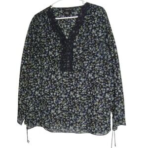 Venezia Black Floral Lace V Neck Long Sleeve Sheer Blouse 14/16 Womens